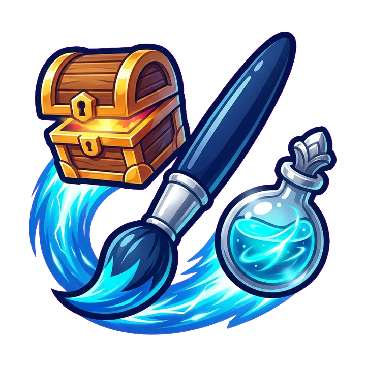 A paintbrush stroke turning into a treasure chest and a glowing potion.