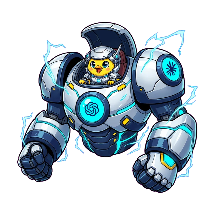 The Minimo chick piloting a mech exoskeleton that carries the ChatGPT logo on its chest and the Claude logo on its shoulder.