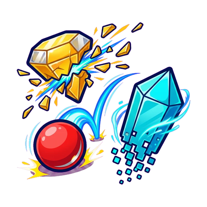 A golden gem exploding into shards, a red ball bouncing with a motion trail, and a crystal dissolving into pixels.