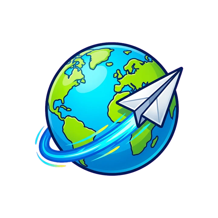 A paper airplane flying around the world, leaving a blue trail.