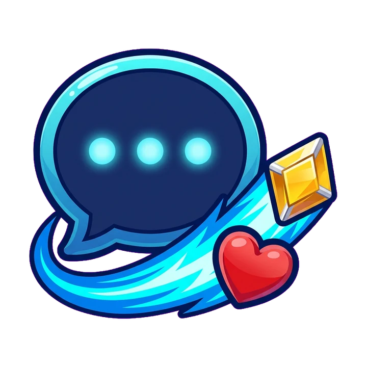 A speech bubble releasing a golden gem and a red heart as game pieces.